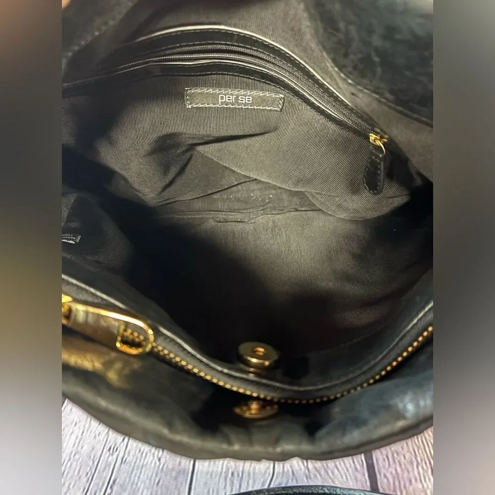 Per Se By Carlisle Classic Black Nylon Leather Purse Gold Accents Shoulder Bag